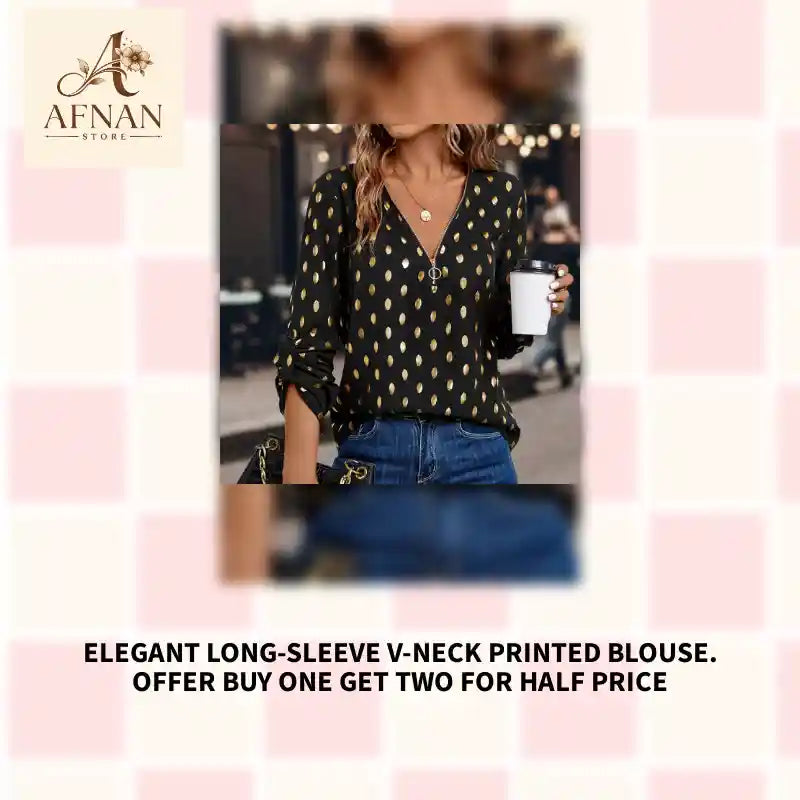 Elegant Long-sleeve V-neck Printed Blouse. Offer buy one get two for half price by@Outfy