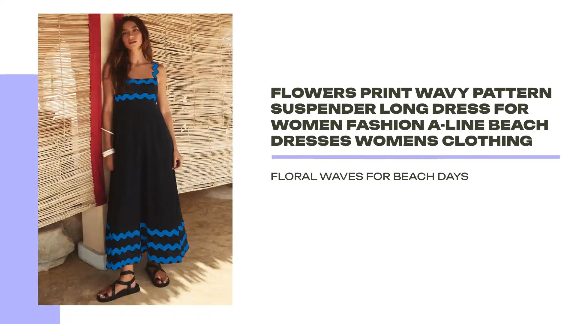 Flowers Print Wavy Pattern Suspender Long Dress For Women Fashion A-Line Beach Dresses Womens Clothing by@Outfy
