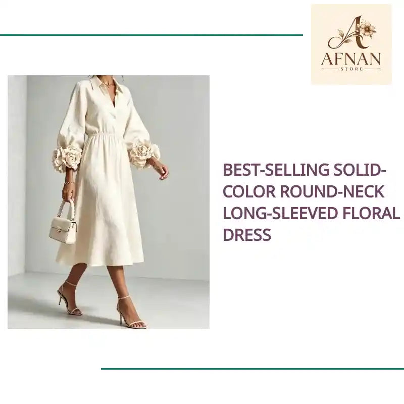 Best-selling Solid-color Round-neck Long-sleeved Floral Dress by@Outfy