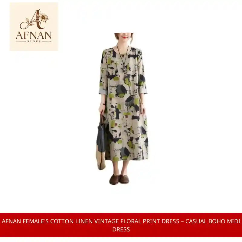 Afnan Female's Cotton Linen Vintage Floral Print Dress &ndash; Casual Boho Midi Dress by@Outfy