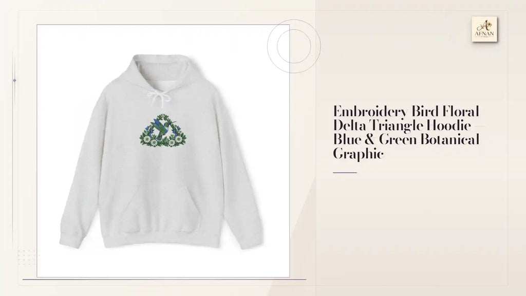 Embroidery Bird Floral Delta Triangle Hoodie &mdash; Blue &amp; Green Botanical Graphic by@Outfy