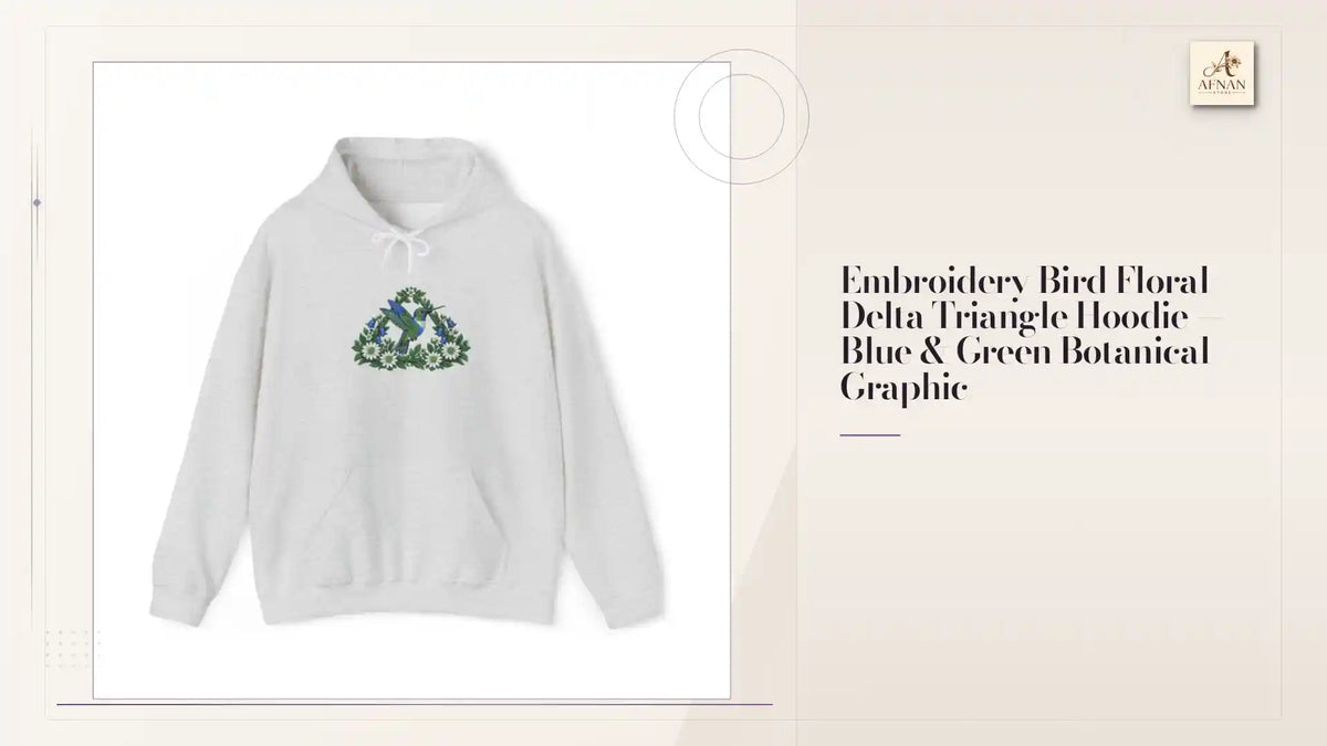 Embroidery Bird Floral Delta Triangle Hoodie &mdash; Blue &amp; Green Botanical Graphic by@Outfy