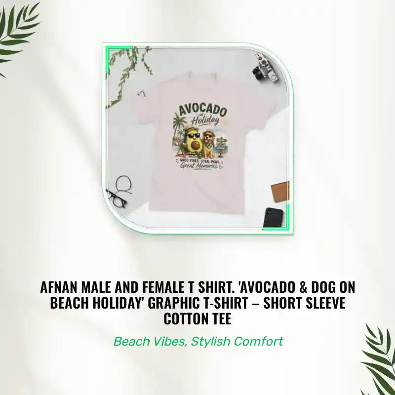 Afnan Male and Female T shirt. 'Avocado &amp; Dog on Beach Holiday' Graphic T-Shirt &ndash; Short Sleeve Cotton Tee by@Outfy