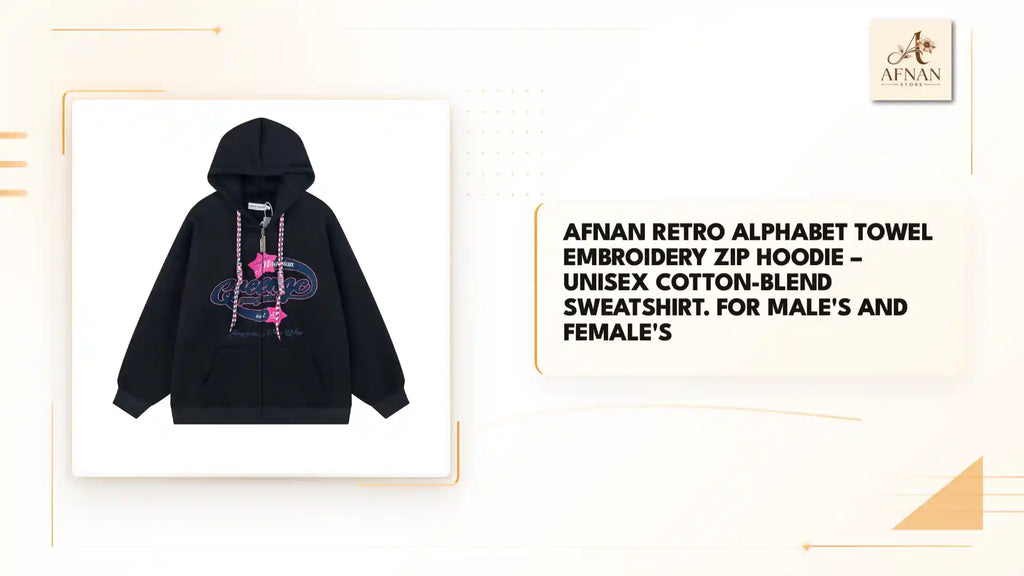 Afnan Retro Alphabet Towel Embroidery Zip Hoodie &ndash; Unisex Cotton-Blend Sweatshirt. For Male's and Female's by@Outfy