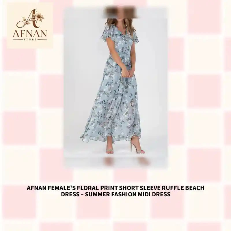 Afnan Female's Floral Print Short Sleeve Ruffle Beach Dress &ndash; Summer Fashion Midi Dress by@Outfy