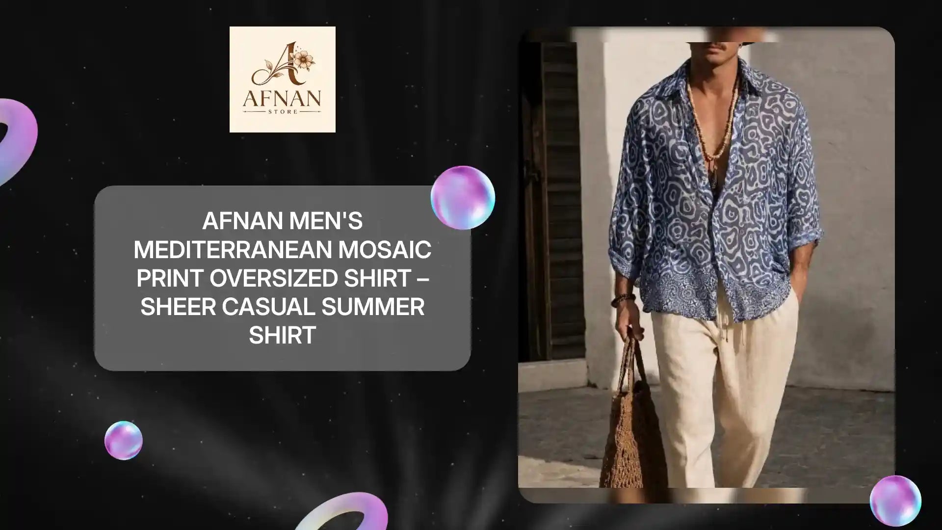 Afnan Men's Mediterranean Mosaic Print Oversized Shirt &ndash; Sheer Casual Summer Shirt by@Outfy