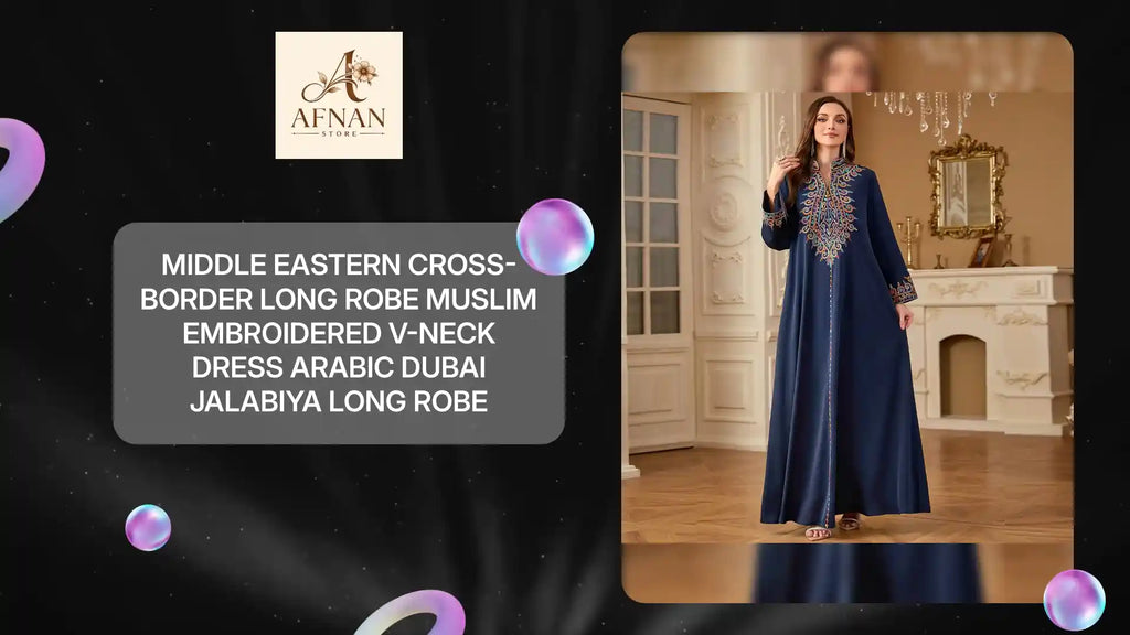 Middle Eastern Cross-border Long Robe Muslim Embroidered V-neck Dress Arabic Dubai Jalabiya Long Robe by@Outfy