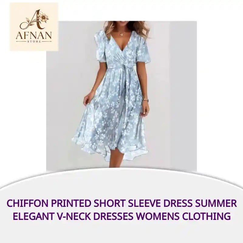 Chiffon Printed Short Sleeve Dress Summer Elegant V-neck Dresses Womens Clothing by@Outfy