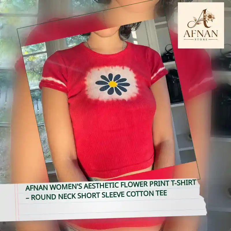Afnan Women's Aesthetic Flower Print T-Shirt &ndash; Round Neck Short Sleeve Cotton Tee by@Outfy