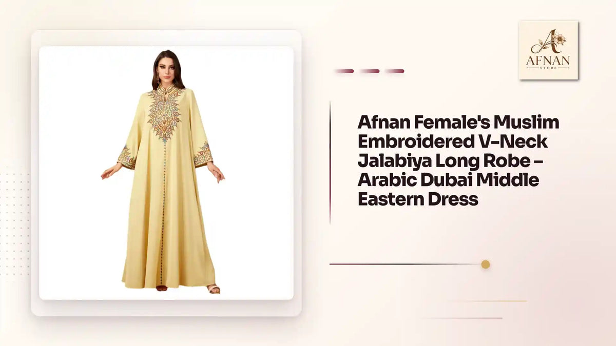 Afnan Female's Muslim Embroidered V-Neck Jalabiya Long Robe &ndash; Arabic Dubai Middle Eastern Dress by@Outfy