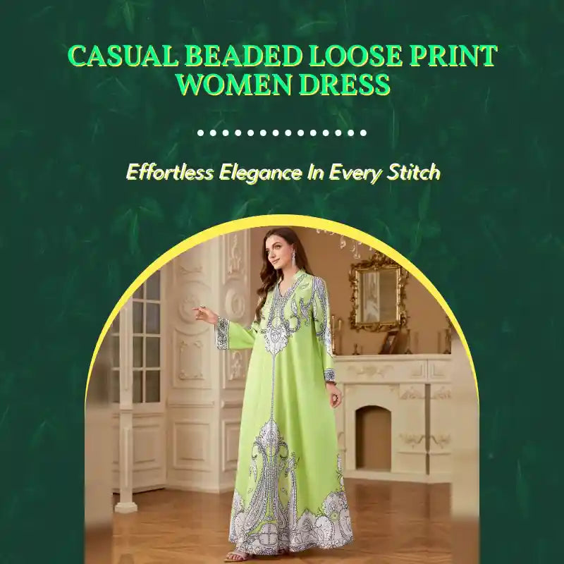 Casual Beaded Loose Print Women Dress by@Outfy